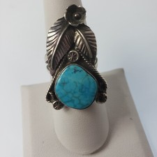 Native American NA RING Sz 7.75 Turquoise Sterling Jessee Thompson Leaves Flower