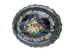 Antyczna rosyjska taca Zhostovo ręcznie malowana - lata 40-te - kwiaty na sch...