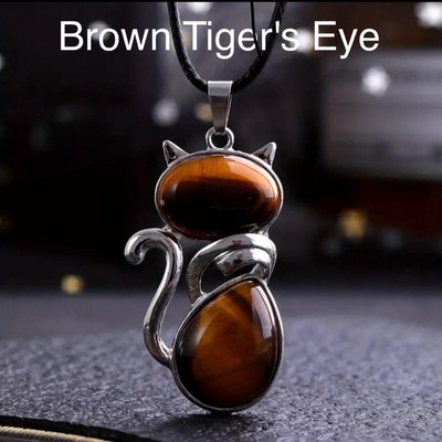 Tiger's Eye Kitty Cat Natural Gemstone Crystal Stone Pendant Necklace Jewelry