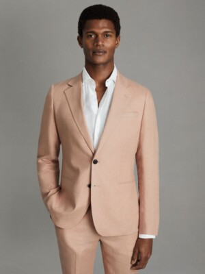 REISS HERREN Einreiher Leinen Anzug Blazer Sakko Slim Fit in Rosa Größe 42''