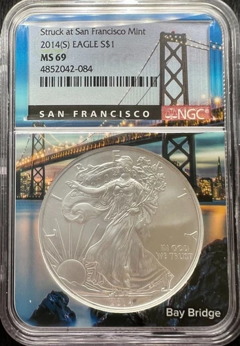 2014 (S) American Silver Eagle NGC MS69 Struck At San Francisco Bridge Core