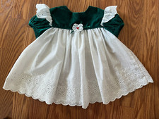 Vintage Green Velvet white eyelet Baby dress size 18 mo.