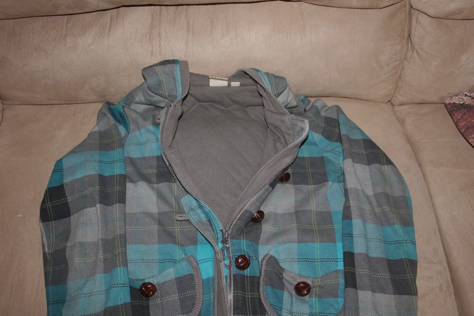 Roxy Juniors Gray & Turquoise Plaid Hooded Fall &Winter Jacket Large - Image 3 of 4