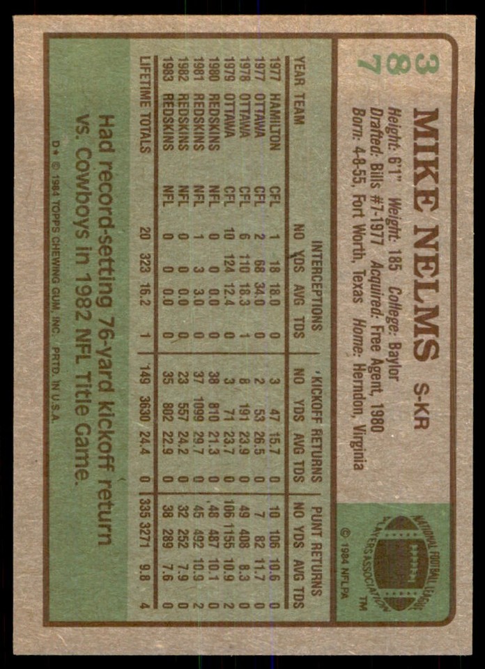 1984 TOPPS MIKE NELMS WASHINGTON REDSKINS #387 | eBay