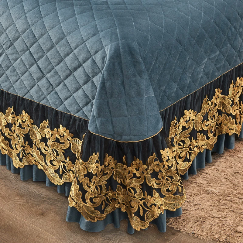 Juego de colcha acolchada de terciopelo de cristal de encaje de lujo tamaño queen cubre sábana gruesa Foto 3 de 4