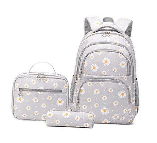 3Pcs Daisy Prints Backpack Sets Kids Bookbag Primary School Daisy print Grey