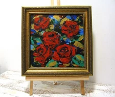 Original Acrylic Red Roses Abstract Painting Small Size Canvas Framed