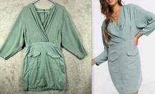 ASOS Wrap Front Mini Dress Womens 6 Sage Green Dress Linen Blend Dolman Sleeve