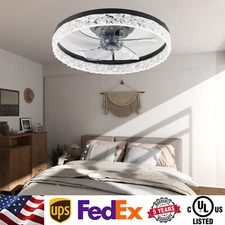20 in Dimmable Ceiling Flush Mount LED Fan Light Kit Crystal Design Low Profile