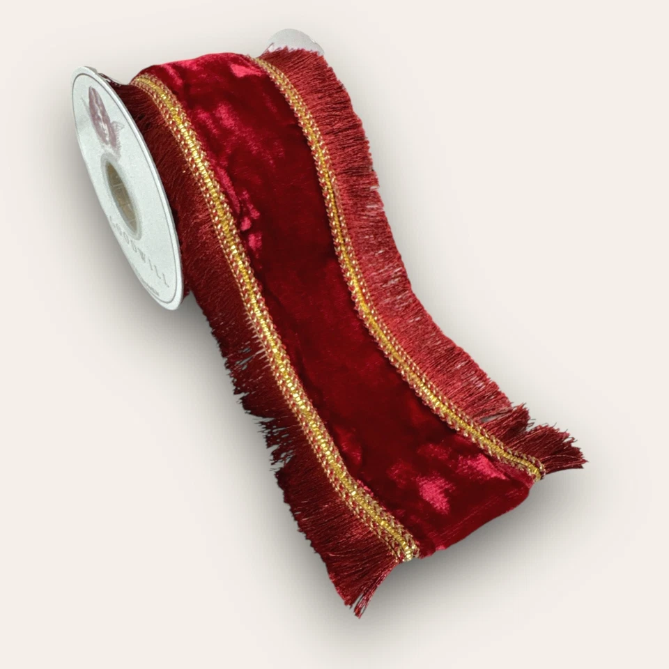 Edles Samtband Rot Gold Fransen Goodwill 1Meter Tischband Dekoband 10cm breit - Bild 3 von 4