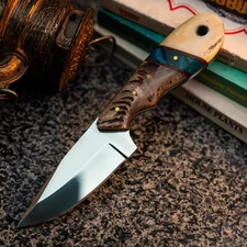 Gift-Ready 7.7" Damascus / Steel Knife Full Tang Hunt it Hunt + Leather Sheath