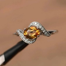 1.30Ct Oval Cut Lab-Created Yellow Citrine Engagement Ring 14K White Gold Plated