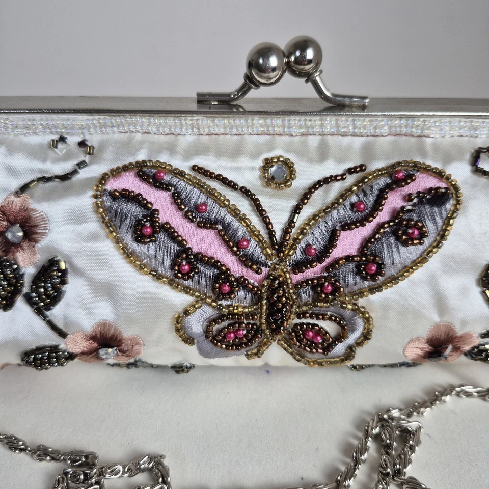 White Satin Beaded Embellished Butterfly Floral Clutch Evening Bag Party Chain - Image 2 of 4