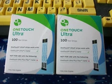200 ONE TOUCH ULTRA TEST STRIPS 2 BOXES OF 100, EXP 4 & 6-26,DINGED SEALED BOXES