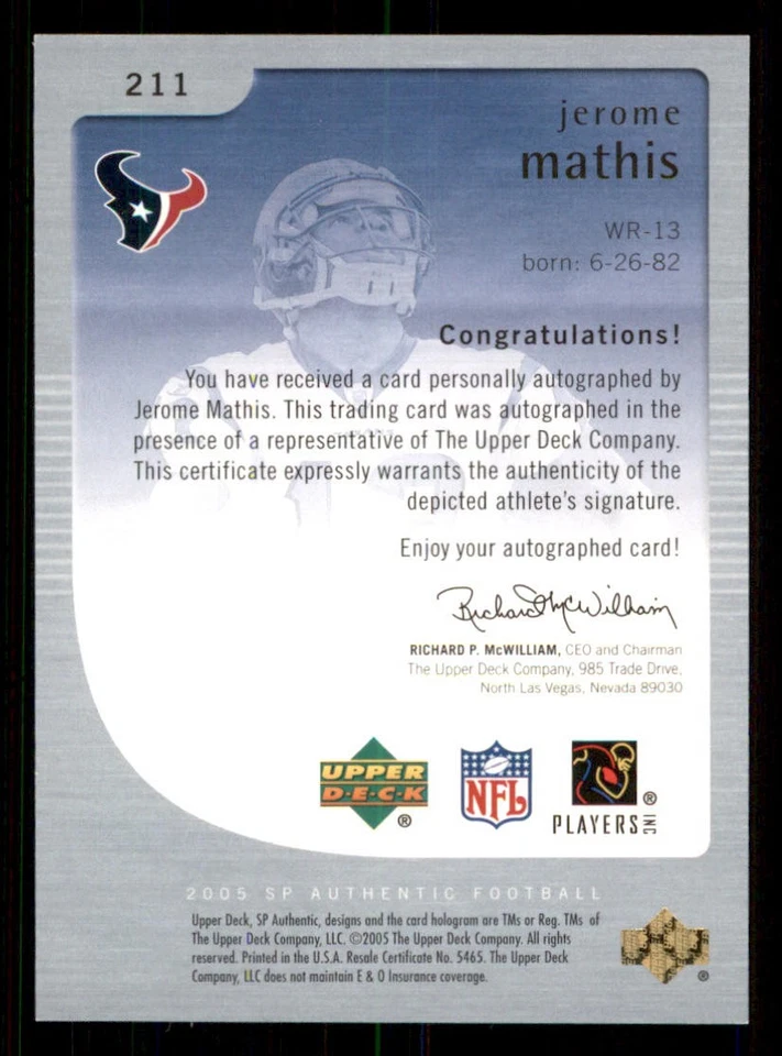 2005 SP Authentic #211 Jerome Mathis AU RC /850 - Image 2 of 2