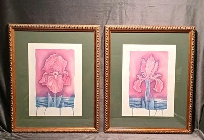 Pair Of Iris Pink & Teal Theme Watercolor Prints 18 X 22 PAUL BRENT 1985 Vintage