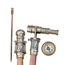 Brass Walking Stick Cane w/ Compass  Mini Telescope 39  Nautical Steampunk