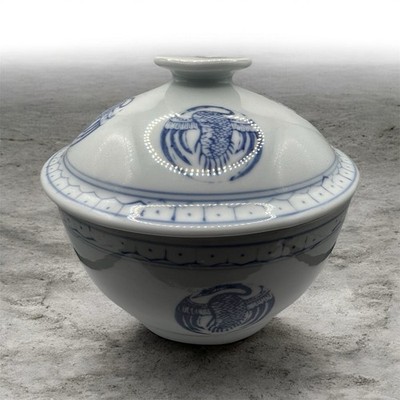 Vintage Chinese Porcelain Rice Bowl with Lid Crane Blue Serving Dish