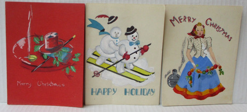 Lot Of 3 HANDPAINTED ORIGINAL VINTAGE CHRISTMAS GREETING CARDS 1930's 1940's OS5