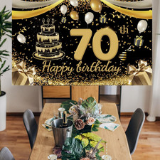 110X180Cm Large Size Happy Birthday Banner 70Th Black Gold Birthday Decoration