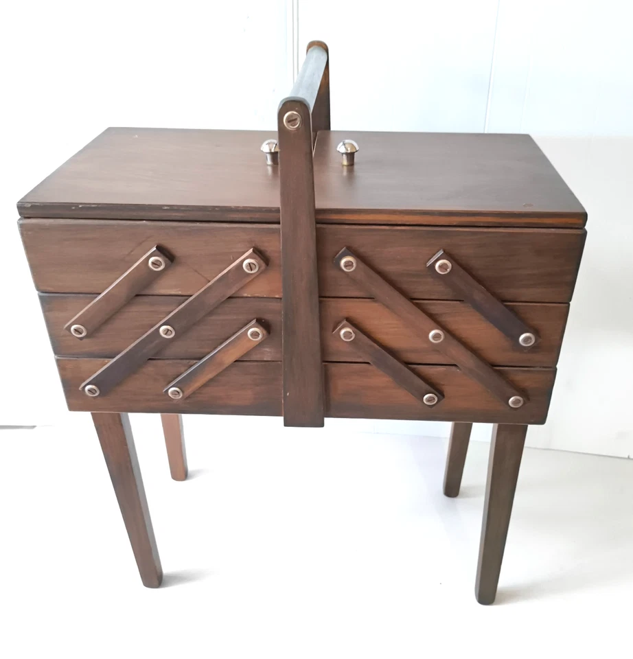 Vintage Sewing Box 3 Tier Cantilevered Wooden 6 Compartments Handcrafted - image 3 of 4