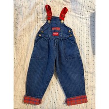 Vintage Oshkosh B  gosh Railroad Stripe Denim Overalls Plaid Lined 90  s Size 2T