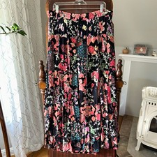 Vintage Lotus Tiered Ribbon Maxi Skirt Floral Boho Festival Peasant Patchwork
