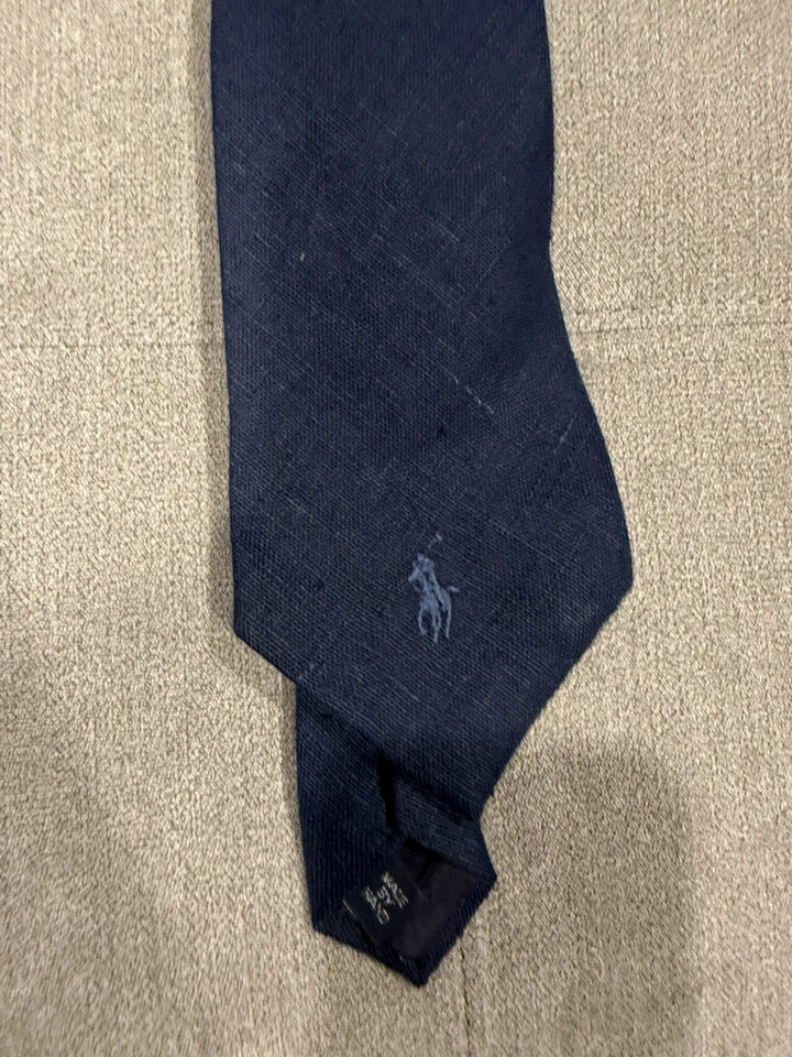Corbata de Colección Polo Ralph Lauren Azul Oscuro Sólido 100% Lino Hecha en EE. UU. a Mano Foto 4 de 4