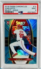 JUAN SOTO 2018 Panini Chronicles SELECT AQUA PRIZM Rookie RC /299 PSA 9🔥