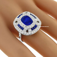 French Art Deco Style Vivid Blue Sapphire Old Mine Cut CZ Engagement Fine Ring