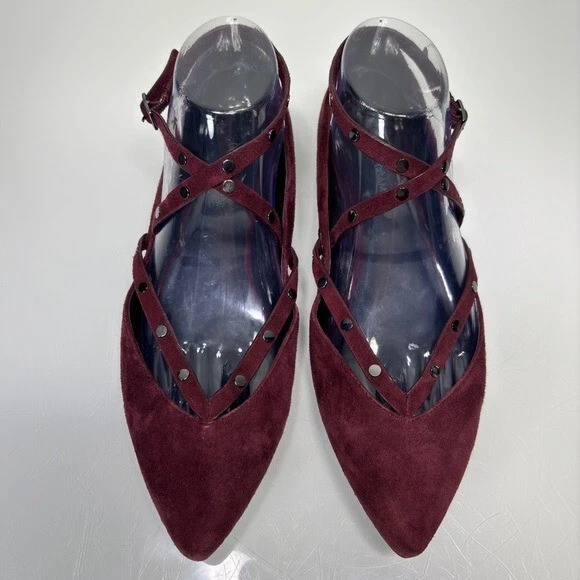 Rebecca Minkoff Faye Dark Maroon Suede Studded Straps Pointed Toe Flats Size 8 — 第 3/4 张图片