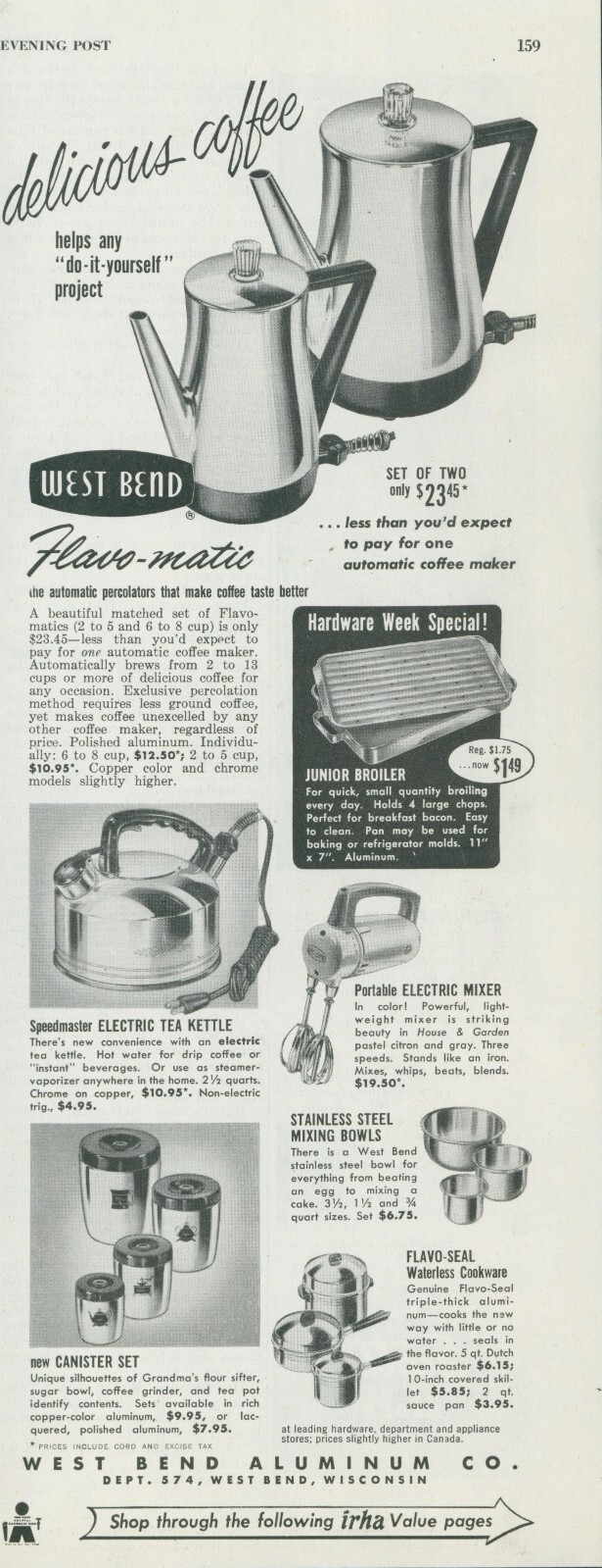 1955 West Bend Aluminum Coffee Maker Kettle Mixer Bowl Broiler Canister Ad SP22