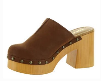 Mia dark brown faux suede closed toe chunky clog block heel shoes size 