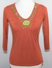 EUC Khaki Krew Orange Sequins Knit Sheer Tunic Shirt Top Womens M USA Made