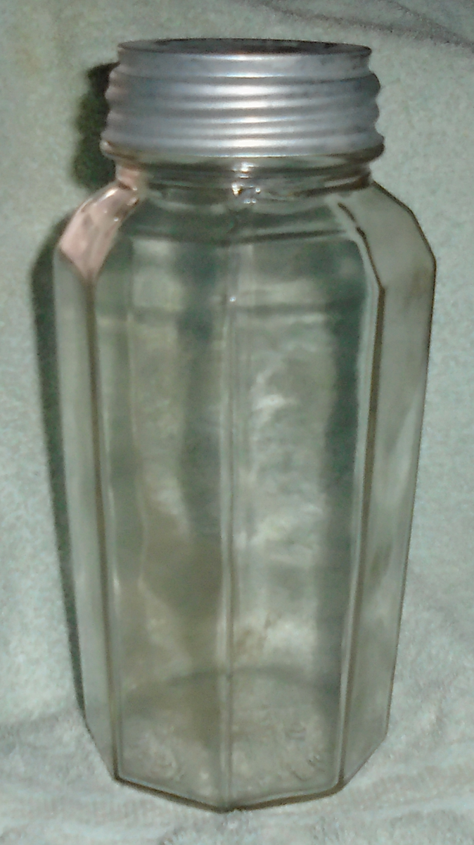 明治アリメントの瓶 011　昭和レトロ・栄養菓子・アルミの蓋・珍品 Vintage 1930s Tygart Valley Glass Octagon Fruit Jar Patent 87167