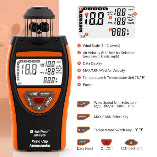 Digital Wind Speed Meter Handheld Cup Anemometer Air Velocity Gauge Thermometer - Picture 7 of 7