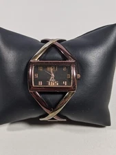 Brown Dial Rectangle Case Hinge Open Cuff Bracelet Band Watch 6.5 Inch