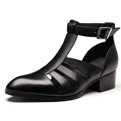 Buckle Pointed Toe Sandals Heels Casual Business T Strap Mens Real Leather Shoes - Picture 2 of 17