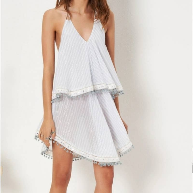 Anthropologie Tularosa Striped Gauze Racerback Strappy Pom Pom Dress