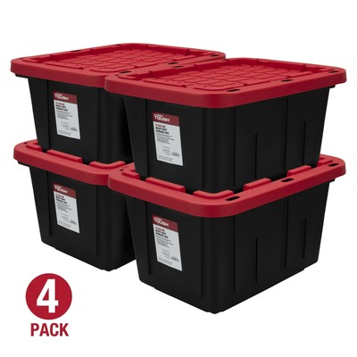 Hyper Tough 12 Gallon Snap Lid Storage Bin Container Black with Red Lid Set of 4