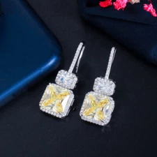 Women Cute Yellow Princess Cut Cubic Zirconia Square Drop Silver Plated Earrings
