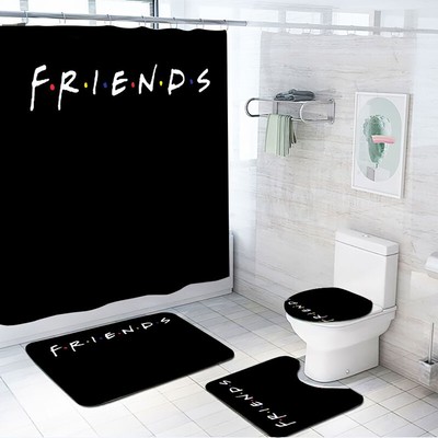Black Friends Pattern Shower Curtain Non-Slip Bath Mat Rug Set Toilet Lid Cover