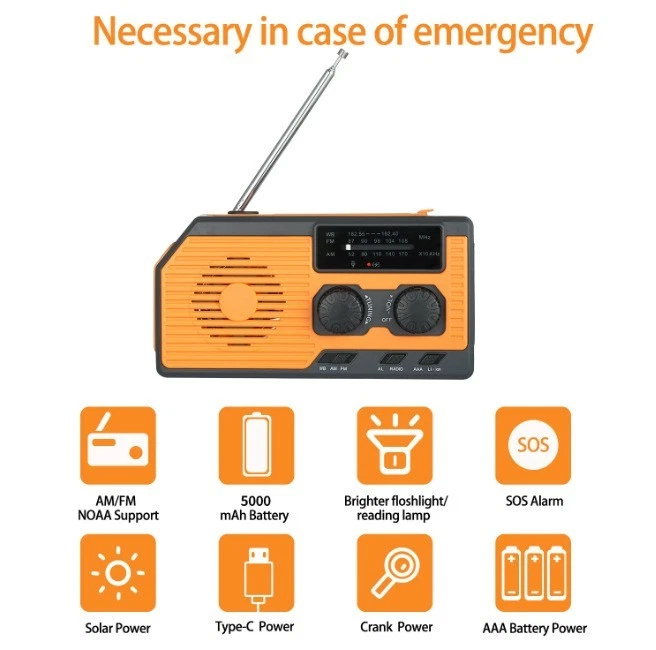 Emergency Solar Hand Crank Weather Radio 5000mAh Power Bank Charger Flash Light - Image 2 of 4