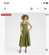 Olive Green A-Line Halter Neck Sleeveless Midi Dress Solid Women’s Regular