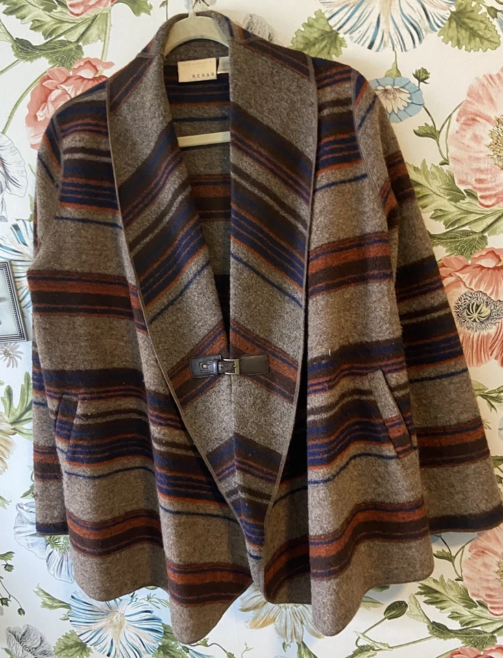 Kenar Wool Blend Equestrian Striped Wrap Cardigan Jacket Leather Buckle Large - Image 2 of 4
