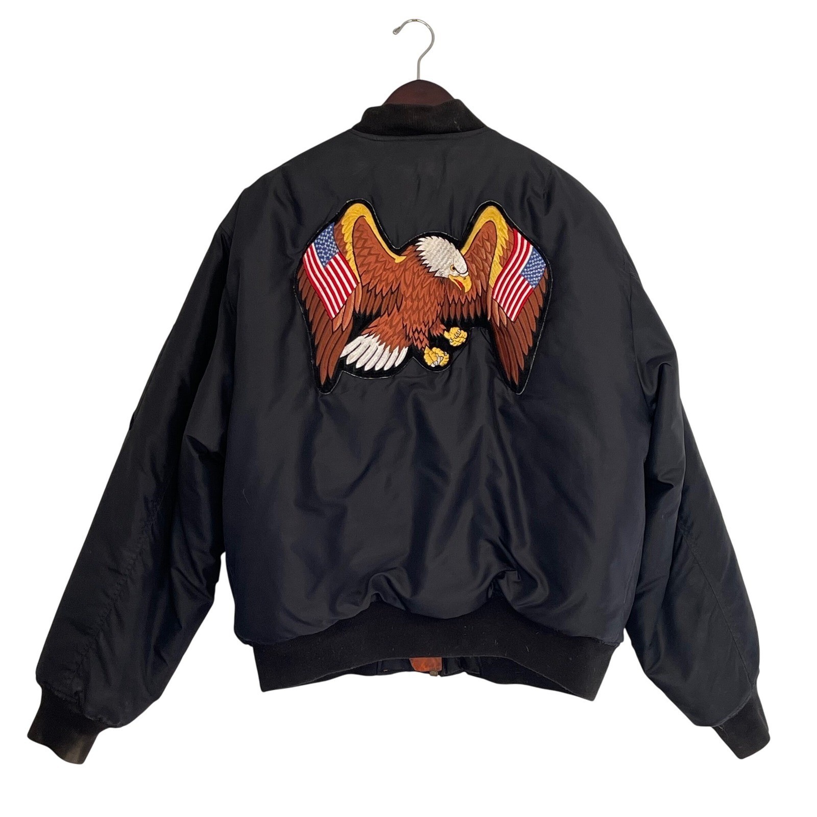 Mens Black Bomber Jacket Eagle Flag Patch Lined S… - image 1