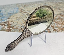 Antique Sterling Silver Purse Hand Mirror Floral Repousse Petite 5" Vintage 925