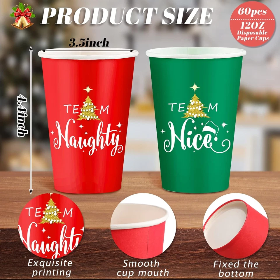 60 Piezas 12oz Tazas de Papel de Navidad Equipo Travieso o Bonito Caliente Tazas Frías Decoración de Fiesta X Foto 2 de 4