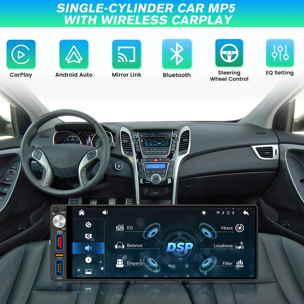 Wieless 6.86'' 1 Din Car Radio CarPlay Android Auto Multimedia Player Bluetooth