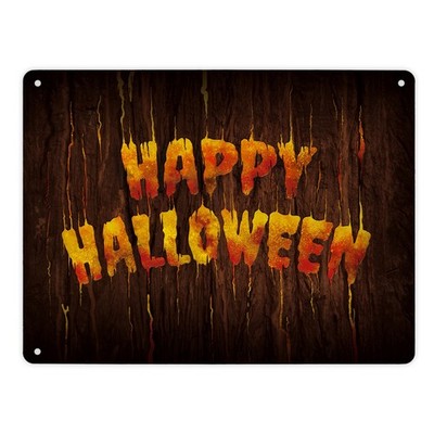 Happy Halloween Metallschild in feuerrot Haustüre Türe Nacht Angst Hexe Holz